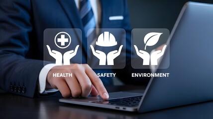 HSE, Health safety environment concept. Standard safe industrial work and industrial. Business and organization. Businessman use laptop with virtual icon.