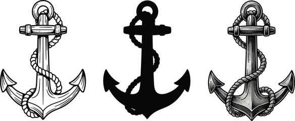 Three distinct maritime anchor illustrations with ropes presented in line art silhouette and detailed shaded styles isolated on a clean white background symbolizing stability travel and nautical © Zohaib