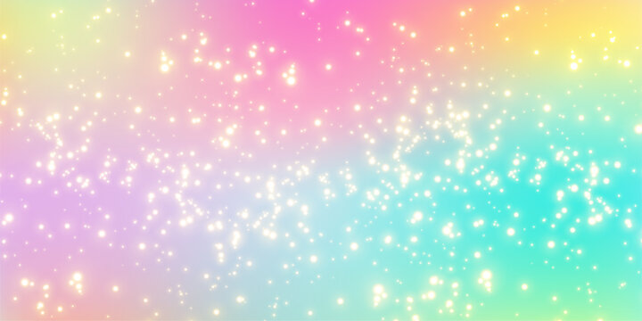 Glitter sparkle background with pastel gradient sky, dreamy princess fantasy light, magical unicorn rainbow stars, and shimmering bokeh sparkle effect for fairy tales. Vector illustration.