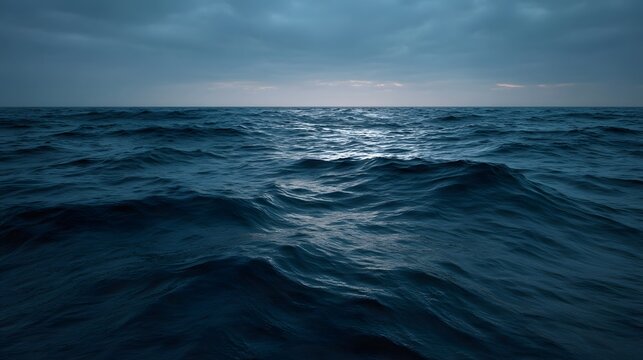 A vast expanse of deep dark ocean waves reflecting the subtle light of a cloudy twilight sky evoking a sense of serene solitude and immense nature