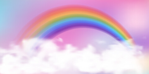 Dreamy pastel rainbow backdrop featuring soft pink sparkles, magical gradient sky with stars, ideal for cute unicorn illustrations and fantasy princess artwork. Vector illustration. © Narin