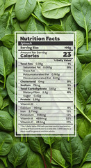 Spinach Nutrition Facts per 100g. Vegetable complette nutrients information with realistic food illustration background for fresh label.