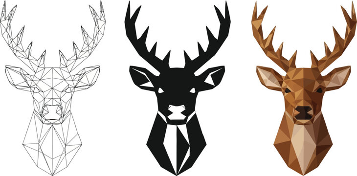 Collection of geometric deer head illustrations featuring wireframe silhouette and low poly styles perfect for modern branding and wildlife concepts