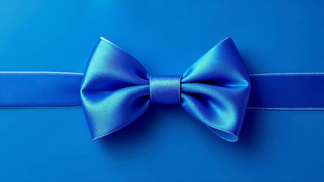 Blue gift bow and shiny satin ribbon zooms out against a classic blue background