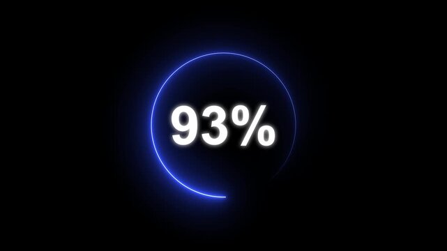 Glowing neon circle with 93 percent text icon animation light effect modern minimal clean shiny typography counter progress meter loading indicator loop seamless black background animation.