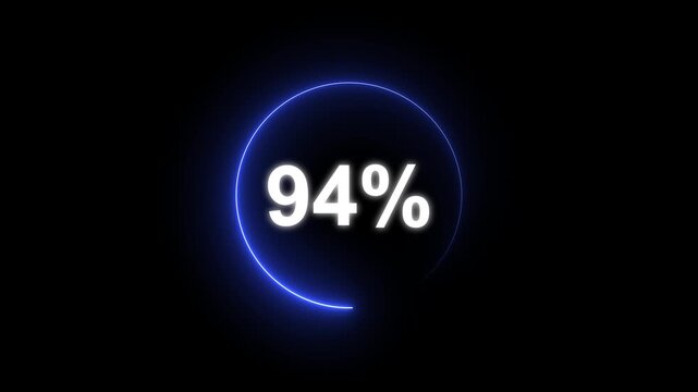 Glowing neon circle with 94 percent text icon animation light effect modern minimal clean shiny typography counter progress meter loading indicator loop seamless black background animation.