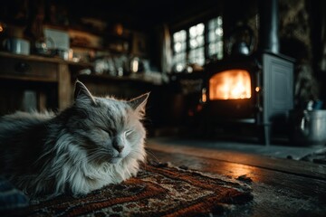 A fluffy cat curled up by the fireplace. Generative AI
