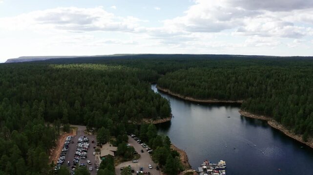 Drone shot over the park amenities at Woods Canyon Lake in Arizona.