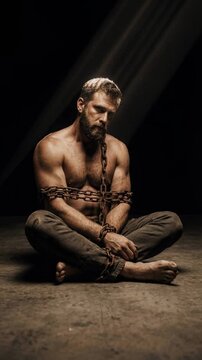 Muscular man sitting on the floor tied with heavy chains in a dark room. Hostage or prisoner with beard looking down in defeat under a spotlight. Kidnapping and slavery concept
