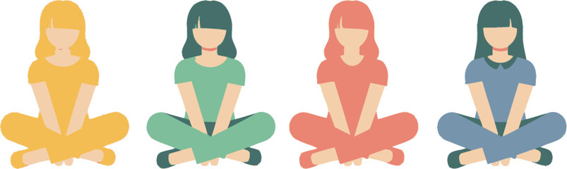 Fototapeta premium A minimalist vector illustration of four women in different colored outfits sitting cross-legged in a meditative pose