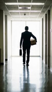 Silhouette of a businessman walking away down a dark hallway carrying a box of personal items. Fired employee leaving the office after losing his job. Corporate layoff concept