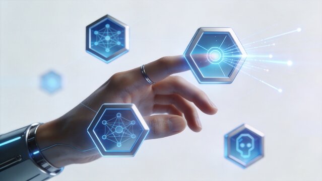 Futuristic human hand interacting with digital hexagon interface,artificial intelligence,neural networks,data flow,innovation technology,and advanced human computer interaction concepts