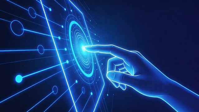 Futuristic human hand touching digital interface with glowing blue technology elements,artificial intelligence,innovation,virtual interaction and advanced science concept illustration