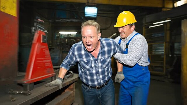 Industrial Accident: A worker is injured in an industrial accident, while his colleague helps him, conveying immediate emergency situations in industry