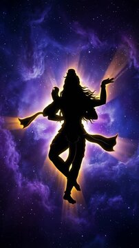 Silhouette of Lord Shiva dancing the cosmic dance against a purple galaxy background. Hindu god Nataraja performing Tandava in the universe. Spiritual and religious animation