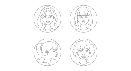 Diverse Women Avatars Set: Line Art Portraits of Different Hairstyles and Expressions