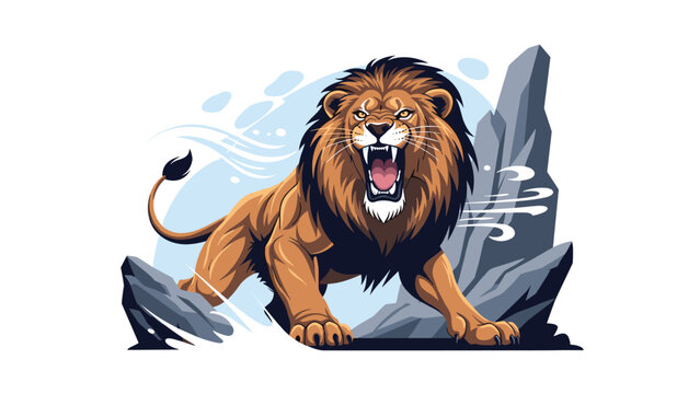 Powerful lion lets out a fierce roar while standing among jagged rocks under a blue sky in a dynamic wildlife illustration.