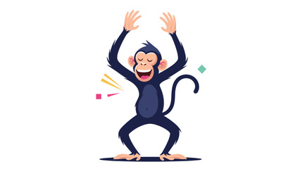 Joyful cartoon monkey dancing with arms raised and a wide smile amidst colorful festive confetti and shapes.