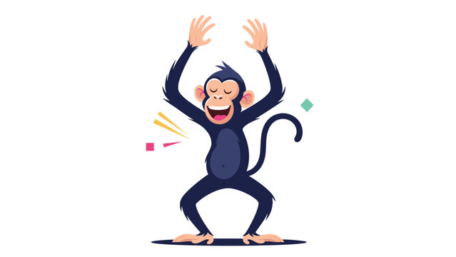 Joyful cartoon monkey dancing with arms raised and a wide smile amidst colorful festive confetti and shapes.
