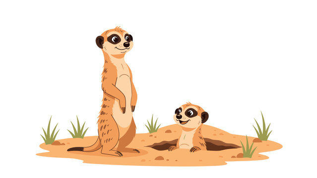 Pair of alert meerkats in their natural habitat with one standing guard and the other emerging from a burrow in the sand.