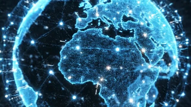 Abstract digital planet with glowing points on dark background