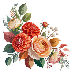 Vintage autumn floral arrangement with dahlias and roses isolated on transparent background © Akhi-Store