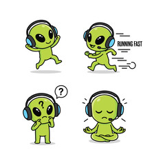 Obraz premium Cartoon alien character in different yoga and running poses with headphones on a white background
