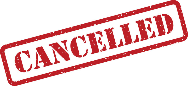Prominent red grunge effect rubber stamp mark showing the uppercase word CANCELLED on a clean white surface