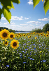 Sunflowers bloom beautifully in idyllic summer field scene