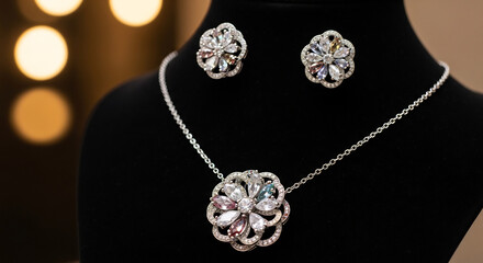 Jewelry set sparkles attractively on black elegant background.