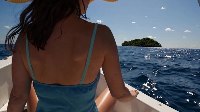 A woman in a sunhat views an island from a boat. Captured from behind at a low angle, the scene evokes a travel video vibe with serene ocean views.
