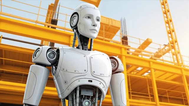 Robot in the Making: An android with advanced features and cutting-edge design stands boldly against a backdrop of construction, showcasing the future of technology and Industry.