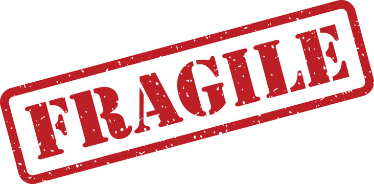Prominent red grunge fragile rubber stamp indicating careful handling and delicate item warning for packages