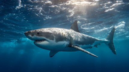 Fototapeta premium Close-up of a powerful and intimidating great white shark swimming majestically in the clear open ocean, Generative AI illustrations.
