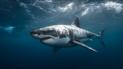 Naklejka premium Close-up of a powerful and intimidating great white shark swimming majestically in the clear open ocean, Generative AI illustrations.