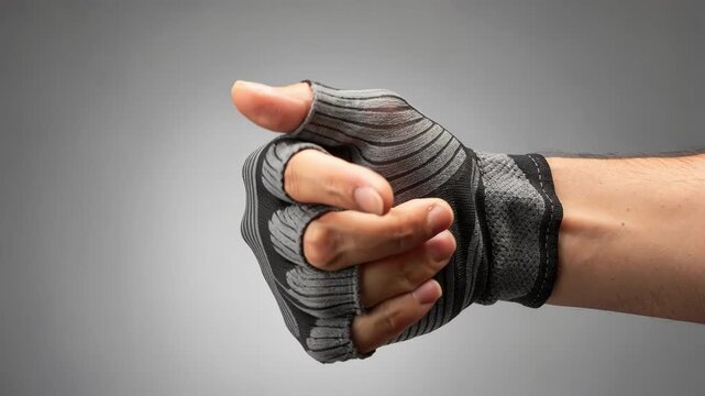 Medium shot focusing on compression fit 3Dknitted seamless glove prototype emphasizing snug contour with minimal seams designed for enhanced performance and muscle support.