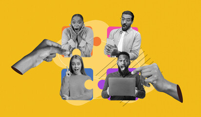 A group of people expressing surprise and excitement while using devices. They are engaged and...