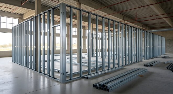 Interior construction site showing metal stud framing installation, galvanized steel profiles