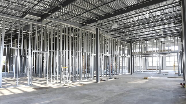 Interior construction site showing metal stud framing installation, galvanized steel profiles