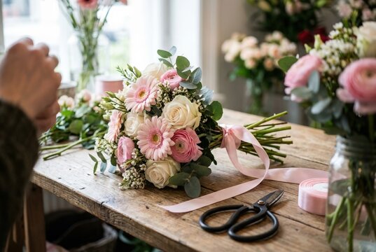 Beautiful bouquet lying y on rustic wooden table with florist tools. ideal for International Women&rsquo;s Day and Valentine&rsquo;s Day, Weddings and romantic themes