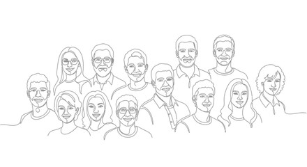 Diverse Group of People Line Art - Community, Teamwork, and Unity