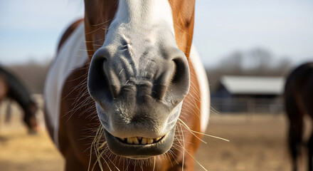 Horses face closeup quickly eating with Bokeh style
