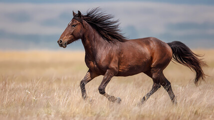 Obraz premium A powerful horse galloping freely across an open pasture with mane and tail flowing, Generative AI illustrations.