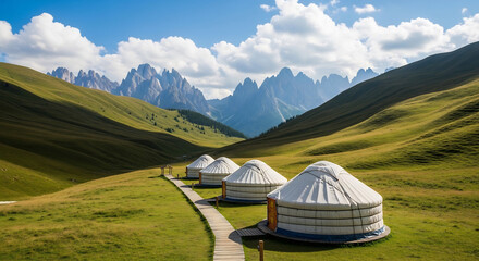 Yurts serenely rest in a scenic mountain valley