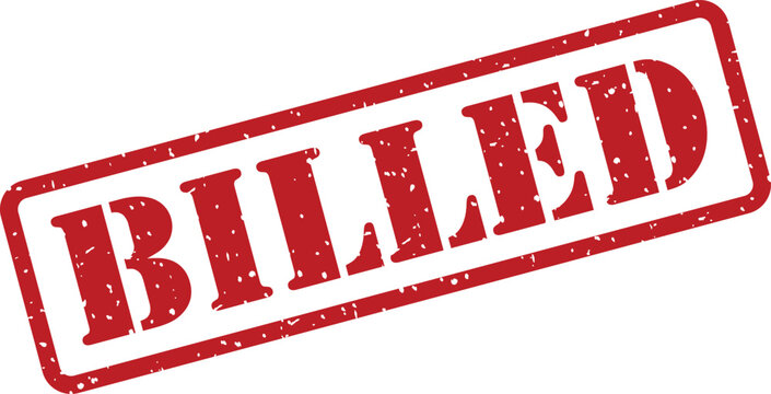 Rectangular red grunge effect rubber stamp impression displaying the prominent uppercase word BILLED on a plain white field