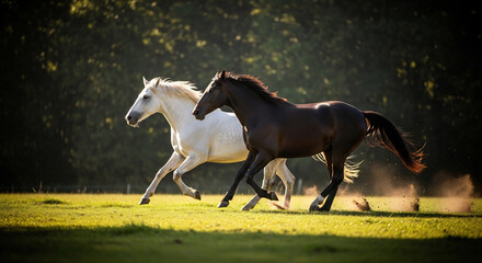 Horses gallop dynamically in radiant green grassland fields