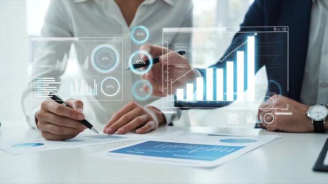 Analyzing Financial Performance: A pair of professionals meticulously dissects complex financial data, with interactive data visualizations overlaying their workspace.