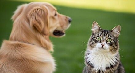 Cute cat stares while dog blurs delightfully nearby