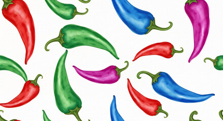 Vivid Watercolor Peppers Creatively Scatter in Seamless Composition