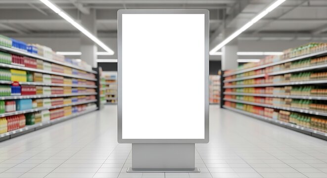 Blank white vertical billboard standing on corridor at super market Mockup